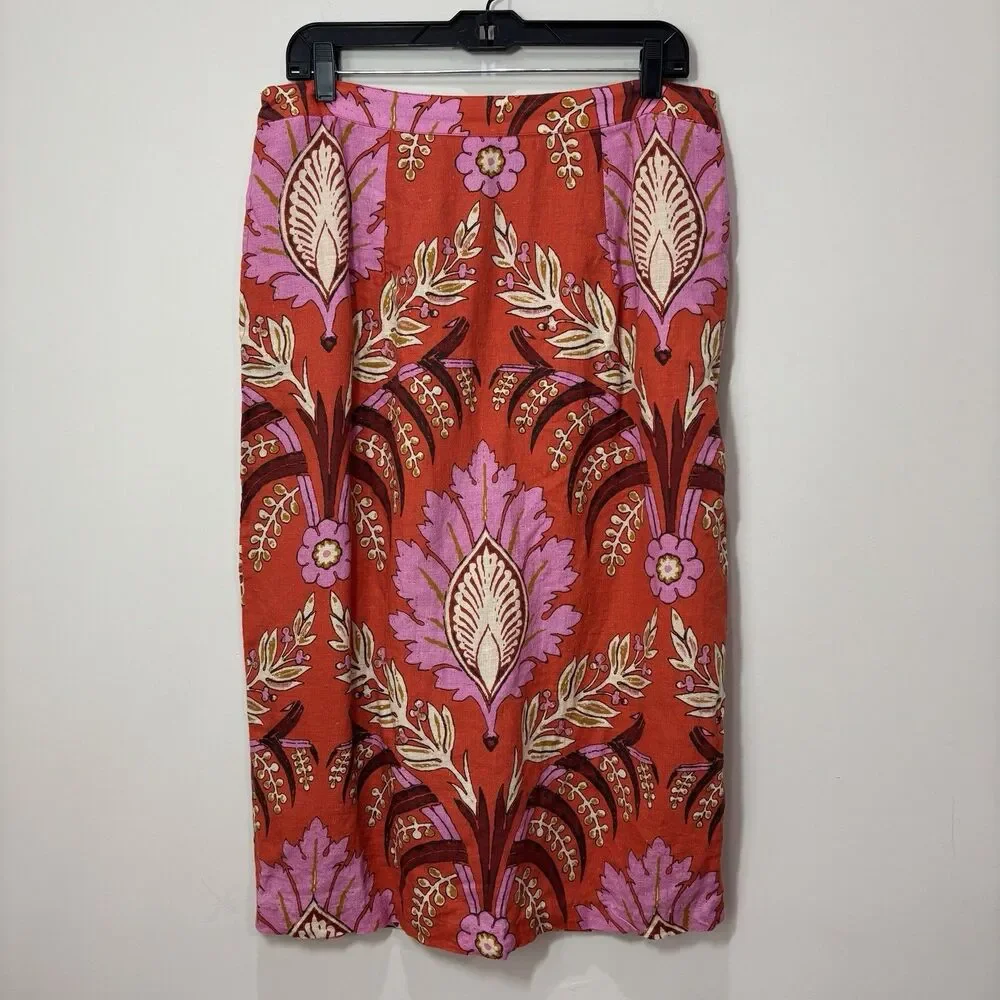 Sundance 100% Linen Pink Floral Midi Skirt P14 Pencil Paisley Lined Boho Beach